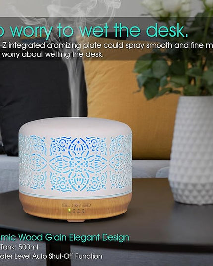 Earnest Living Essential Oil Diffuser White Ceramic Diffuser 500 ml Timers Night Lights and Auto Off Function Home Office Humidifier Aromatherapy Diffusers for Essential Oils
