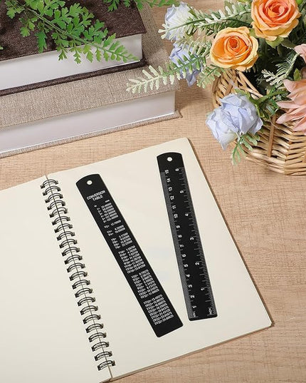 2Pcs Metal Ruler with Centimeters, 6Inch Stainless Steel Ruler Set, Millimeters, Inches and Metric Conversion Chart, Great for School, Offices, Mechanics and Draftsmen