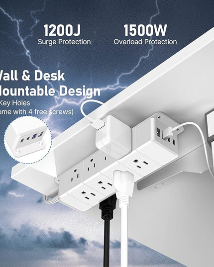 30W USB C Power Strip Surge Protector,4 Side 12 Outlets Desk Power Strip with Ultra Thin Flat Plug,PD Fast Charing,2 USB-C,2 USB-A(USB Total 40W),10ft Flat Extension Cord with Multiple Outlets,1200J