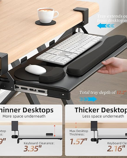 Keyboard Tray, 25 in. Pine Plastic, Keyboard tray Under Desk with Wrist Rest, Mouse Pad, Cup Mat, Lightweight Slide Out Tray, Easy Assemble Adjustable C clamp
