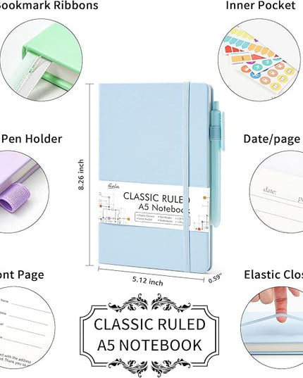feela 3 Pack Hardcover Notebook For Women, Classic Ruled Lined Journal Set School Business Supplies, with 3 Black Pens, 120 GSM, 5.1”x8.3”, A5, Pastel Colors, Light Blue, Light Purple, Light Green