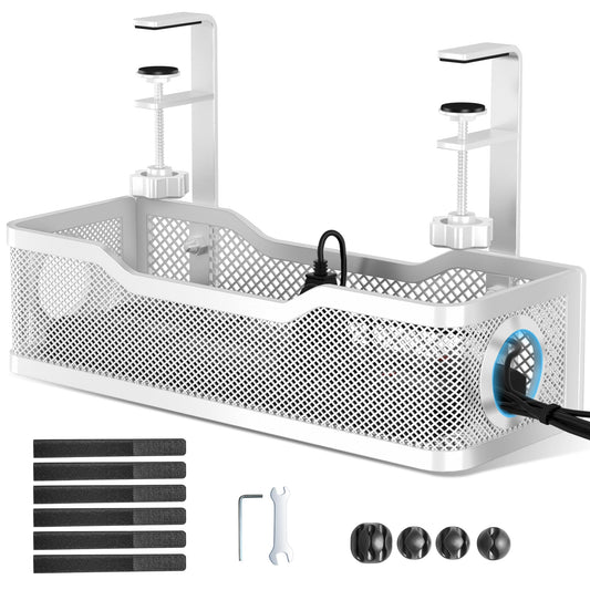 Cable Management Under Desk Tray, No Drill Cable Management Box with Clamp for Wire Organization, Cord Organizer for Office, Home - No Damage to Desk (White)