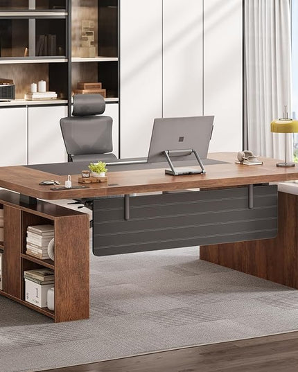 SEDETA 63" Executive Standing Desk with Storage, Executive Height Adjustable Desk with Power Outlets, Large Computer Office Desk with Privacy Panel for Home Office, Warm Golden Brown