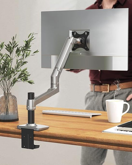 Single Monitor Arm Desk Mount, Holds Screens up to 40 Inches and 25 lbs, Fully Adjustable Vesa Monitor Mount with C-Clamp and Grommet Base, Aluminum, Silver