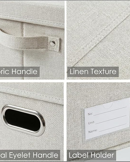 PRANDOM Storage Bins with Lids [3-Pack] Linen Fabric Foldable Storage Boxes Organizer Containers Baskets Cube with Cover Beige (23.4X15.9X11.4)