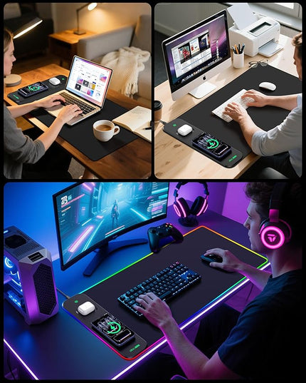 3-in-1 RGB Gaming Mouse Pad with Magnetic Wireless Charging, 31.5"x15.8" Large, 24 Light Effects, Non-Slip Base, Waterproof Ultra-Smooth Surface, No Adapter