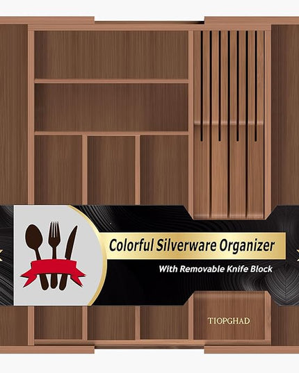 Bamboo-Silverware-Drawer-Organizer-Kitchen, Expandable Utensil Holder Cutlery Tray Flatware Organization Adjustable Wood Tableware Dividers Storage (with Removable Knife Block)(Brown)