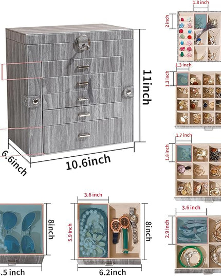 BOOVO Jewelry Box For women, 6 Layer Large Jewelry Organizer With Mirror, Accessory Holder With 5 Drawers, For Earrings Necklace Ring Bracelet (woodgrain grey)