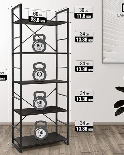 CAPHAUS 5 Tier Bookshelf, 24 Inch Width Free Standing Shelf, Bookcase Shelf Storage Organizer, Industrial Book Shelves for Home Office, Living Room, Kitchen, Black Vintage Shelves & Metal Frame