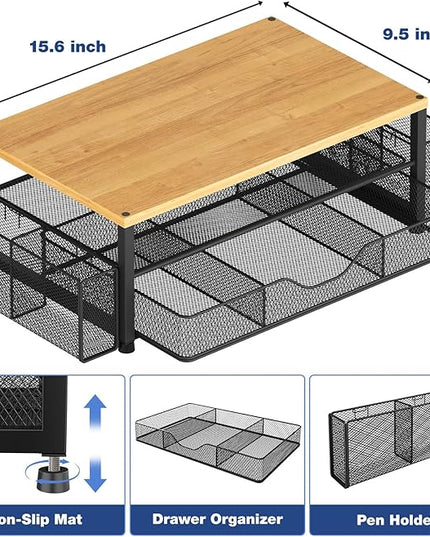 OPNICE Desk Organizers and Accessories, 2-Tier Computer Monitor Stand with Drawer and 2 Pen Holders, Laptop Stand, Office Desk Accessories for Office Supplies, Oak