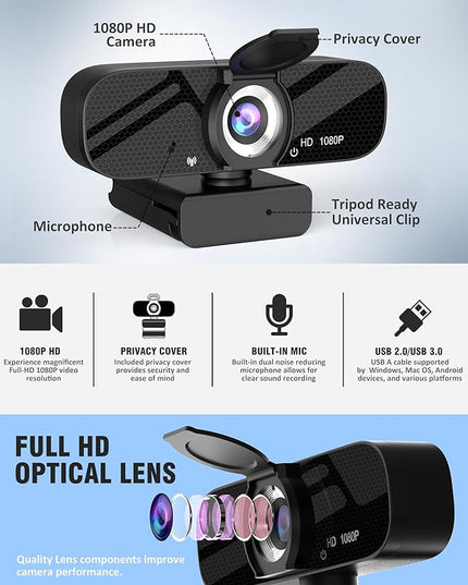 Tewiky 1080P Webcam with Microphone and Rotatable Tripod Wide Angle Camera for Desktop PC or Laptop Computer,Plug and Play, for Zoom/Skype/Teams, Conferencing and Video Calling