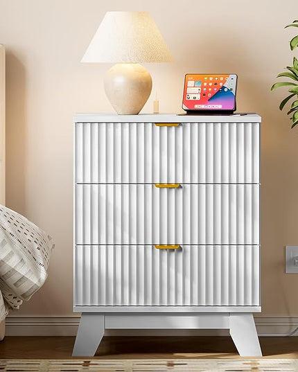 BORNOON 30.5" Nightstand with Charging Station, 3-Drawer Fluted Bedroom Chest, Wood Bedside Dresser with Power Outlets and USB Ports, Metal Slides, Stable Base, Modern Storage Cabinet for Small Spaces