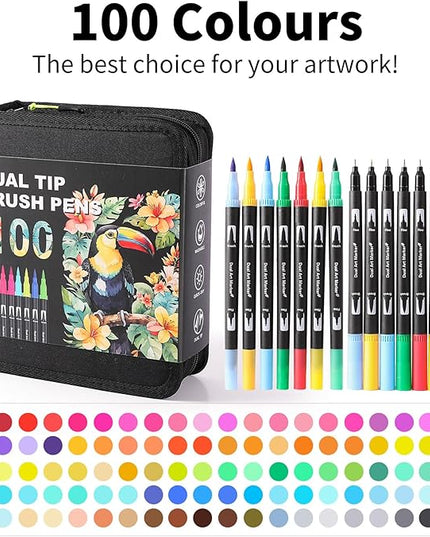 Dual Tip Markers, Brush Art Markers Set with Fine Tip and Brush Tip for Adult Coloring Book, Hand Lettering, Calligraphy & Drawing, Professional Art Supplies Kit for Adults (100 Colors)