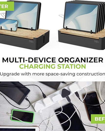 Prosumer's Choice Black Wooden Charging Station Organizer for Multiple Devices - Cable Management Box with 5 Slots and Removable Dividers - Charger Organizer for Phone, Tablet, Home, Office, 12"x6"x7"