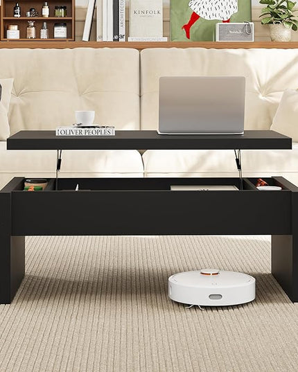 Small Lift Top Coffee Table, Wood Rectangle Coffee Table with Lifting Top and Hidden Storage Compartment, Modern Mid Century Center Tables for Small Space, Living Room, Office-Black