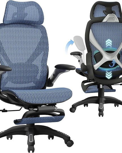 ELABEST X100 Ergonomic Office Chair with Footrest, Big and Tall Home Desk Chair with 5D Flip-Up Arms, Adjustable 3D Lumbar Support,High Back Rolling Computer Chair, Swivel Mesh Chairs (Oaxaca Blue)