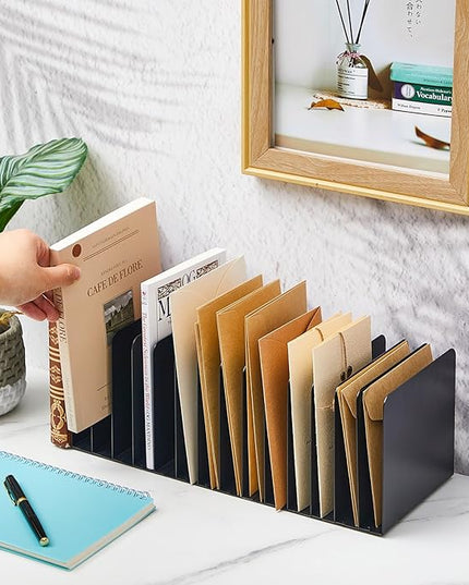 Suzile 2 Pcs Metal Desk File Organizer 15 Compartments Metal Desktop Organizer File Sorter Office Organization File Holder for Home Classroom, Vertical File Organizer, 15.75" l x 5.79" W x 5.41" H