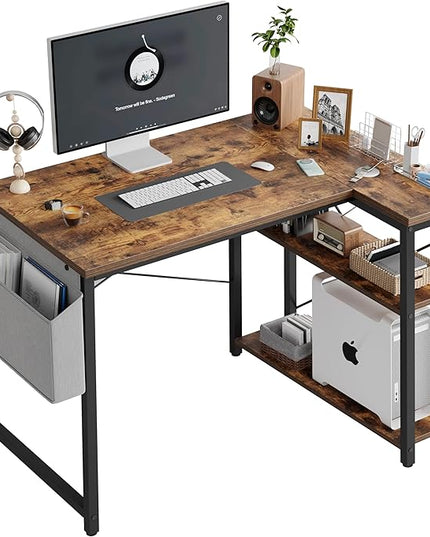 Grandder L Shaped Computer Desk with Reversible Shelves, 40 Inch Small Corner Desk with Storage Bag, Gaming Desk Computer Table Study Writing Desk for Home Office Small Space, Rustic Brown