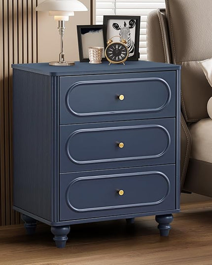 3 Drawer Fluted Dresser for Bedroom, Mid Century Modern Chest of Drawers, Wood Storage Small Dresser Organizer for Bedroom Living Room Hallway Closet, Blue