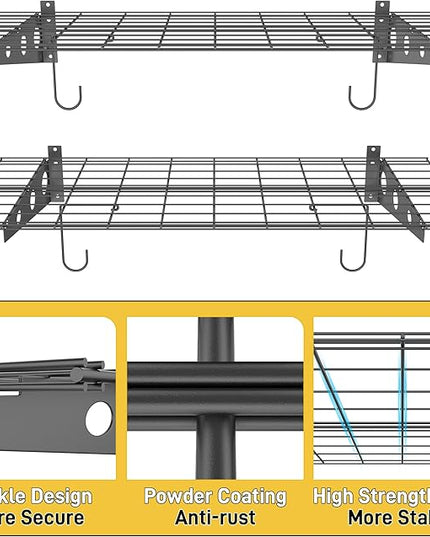 Ultrawall Garage Wall Shelves, 2 x 4 ft Wall Mounted Storage Shelves, Heavy Duty Wall Shelving with Hooks, Holds Up to 220 Lbs, 2Pack, Black