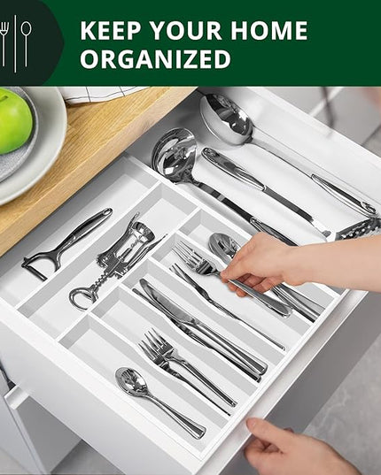 ROYAL CRAFT WOOD Luxury Bamboo Kitchen Drawer Organizer - Silverware Organizer - Utensil Holder and Cutlery Tray with Grooved Drawer Dividers for Flatware and Kitchen Utensils (7 Slot, White)
