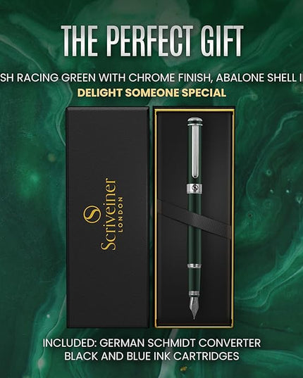 Scriveiner British Racing Green Fountain Pen - Stunning Luxury Pen with Chrome Finish, Schmidt Nib (Medium), Best Pen Gift Set for Men & Women, Professional, Executive, Office, Nice Pens
