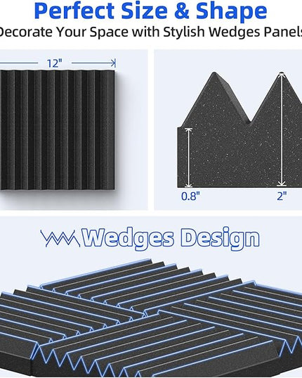 12 Pack Sound Proof Foam Panels for Wall with Self Adhesive, 2" X 12" X 12" High Density Acoustic Panels Sound Absorbing Quick-Recovery, Wedges Soundproof Wall Panels for Gaming & Studio Decor - Black