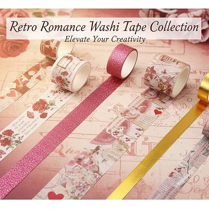 Washi Tape Set, 24 Rolls Red Vintage floral Journaling Supplies,for Christmas Valentine's Day Journaling Supplies Journal Scrapbook Tape, Bullet Journaling Scrapbooking Supplies, DIY Art Decorative