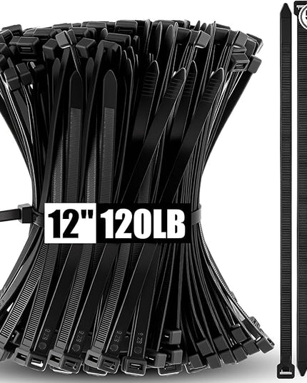 Reallnaive 500 Pcs 12 Inch Zip Ties Heavy Duty 120 Lbs Tensile Strength Black Nylon Wire Cable Ties Bulk for Indoor Outdoor