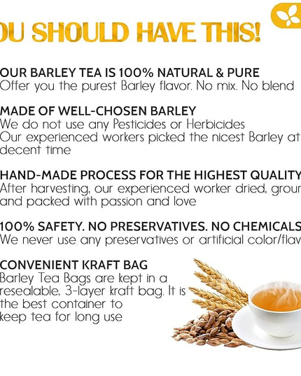 FreshDrinkUS, Premium 120 Barley Tea Bags, 100% Natural & Pure from Barley. Herbal Tea. Made with Natural Material Tea Bags. No Sugar, No Caffeine, No Gluten, Vegan.