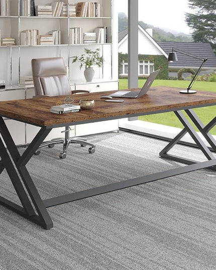 LVB 78.7" Computer Desk, Industrial Extra Long Wood Home Office Desk, Large Rustic Modern Metal Workstation Pc Study Writing table, Dual monitor Double Work Executive Desk for Two Person, Rustic Brown
