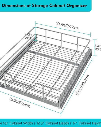 Pull Out Cabinet Organizer 11" W X 17" D, Slide Out Drawers For Kitchen Organizers and Storage, Pull Out Drawers For Cabinets Capacity Heavy Duty Caddy, Cabinet Shelves Chrome-Plated, Bathroom Pantry