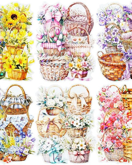 AuriicLeaf Floral Basket Holographic PET Sticker Set, 72Pcs Vintage Flower Stickers for Scrapbooking, Journaling, Junk Journal Supplies, and DIY Crafts