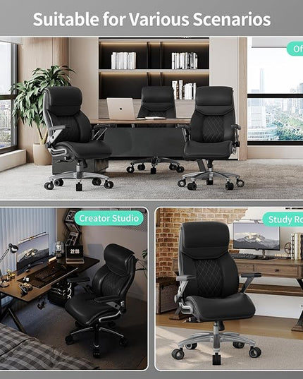Big and Tall Office Chair with 5D Arms, 600lbs Heavy Duty Desk Chair with Adjustable Lumbar Support, PU Leather High Back Ergonomic Executive Computer Chair with 3'' Silent Casters