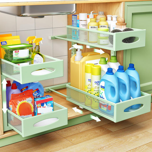 Under Sink Organizer, 2 Tier Pull out Cabinet Organizer Baskets with Mesh Sliding Drawers, Slide out Storage Shelf for Home, Kitchen, Bathroom, Pantry, Office Cabinet(1 Pack, Green)
