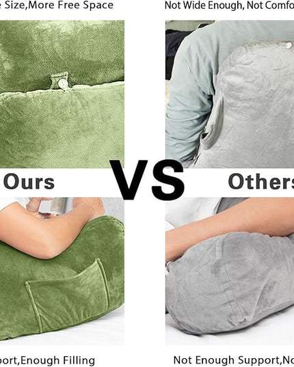 SLIGUY Reading Pillow for Sitting in Bed Couch Adult, Back Pillow with arm Support and Pockets, Adult Back Pillow Bed Chair for Rest, Reading, Watching TV, Gaming for Boys and Girls Green