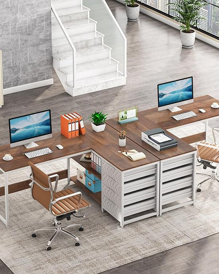 Tribesigns L Shaped Computer Desk with Storage Drawers, 59 inch Corner Desk with Shelves, Reversible L-Shaped Office Desk Study Writing Table Workstation for Home Office, Walnut & White