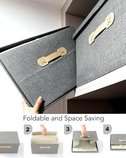 Enzk&Unity Decorative Storage Boxes with Lids, 3 Pack Grey Fabric Storage Bins with Handle, Foldbale and Stackable Storage Boxes for Shelf, Closet, Bedroom, Living Room