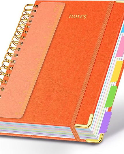 Hardcover Spiral Notebook 8.5"x11" Journal Notebook with Tabs and Removable Dividers 300 Pages 5 Subject Notebook College Ruled, Faux Leather Spiral Bound Notebook for Women School Work (Orange)