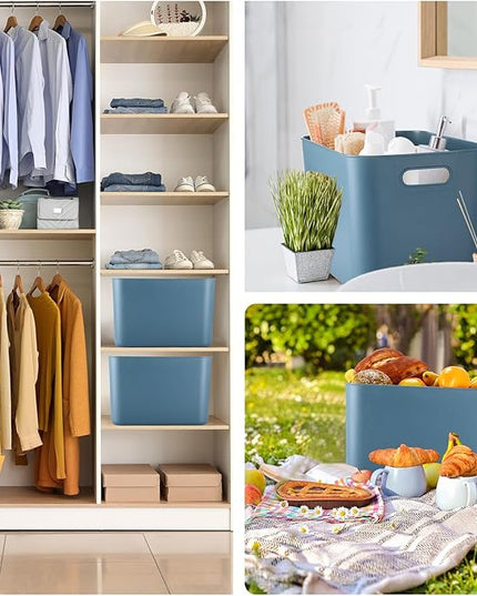 Hoolerry 8 Pieces Colorful Storage Bins with Lid, Plastic Storage Basket Organizing Container Stackable Box with Handle for Shelves Desktop Playroom Office(14.2 x 10.2 x 9.5 Inch,Blue)