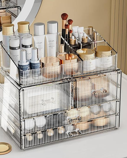 ZHIAI Stackable Storage Drawers, Acrylic Bathroom Counter Organizer Clear Makeup Organizers for Vanity, Kitchen Cabinets, Bathroom, Undersink, Home Organization and Storage (1 Top 4 Drawers D)