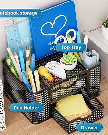 Marbrasse Mesh Desk Organizer, Pen Organizer with 2 Drawer, Multi-Functional Pencil Holder, Desk Organizers and Accessories with 5 Compartments + Drawer for Office Art Supplies (Black)