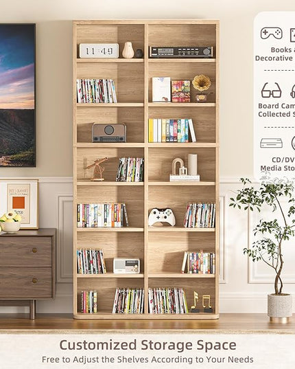 LELELINKY 7 Tier Tall Display Cabinet, Natural Media Storage Cabinet with Adjustable Shelves, Free Standing DVD Organizer Shelf, Floor multimedia storage manga bookshelf for Living Room & Home Office.