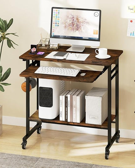 Tangkula Rolling Computer Desk Cart with Keyboard Tray, Mobile Portable Laptop PC Desk with CPU Stand & 3 Hooks for Sofa & Bed, Industrial Small Desk on Wheels for Small Spaces, Home Office Desk