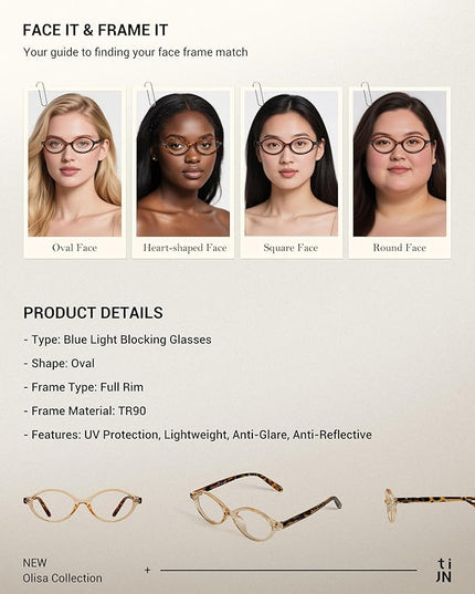 TIJN Olisa Blue Light Blocking Glasses for Women Men,Oval Glasses Frame Bluelight Glasses for Gaming/Computer/Screen