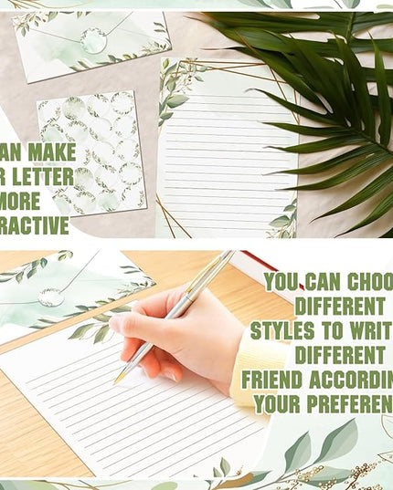 TaoBary 160 Pcs Stationery Paper Set 50 Double Sided Stationery Papers with 50 Matching Envelopes and 60 Round Dot Sticker, 10 Design(Green Leaves,8.5 x 11 Inch)