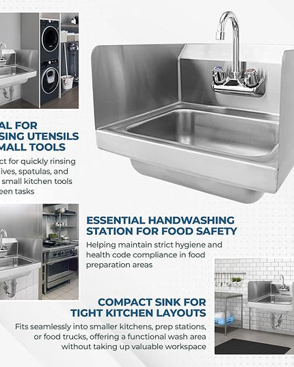 Express KitchQuip 15" x 17" Stainless Steel Wall Mount Hand Sink with Gooseneck Faucet & Side Splash – NSF Certified Commercial Handwashing Basin