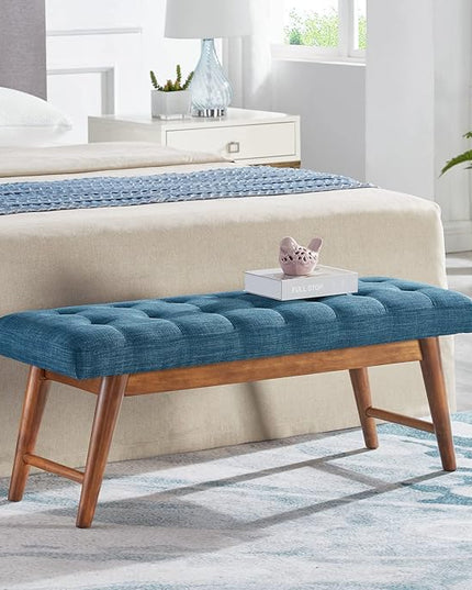 Amazon Basics Modern Haraden Upholstered Button-Tufted Bench, Blue, 16 x 44 x 17 in