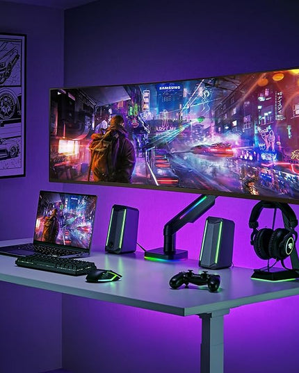 AVLT RGB Lights Single 17”-49” Gaming Monitor Arm Desk Mount, Fits One Flat/Curved/Ultrawide Screen up to 44lbs(20kg), Height Swivel Tilt Adjustable Stand - Black