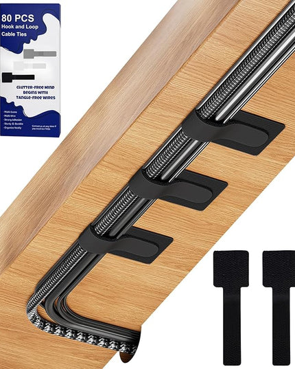 80PCS Hook and Loop Cable Ties, Hook and Loop Cable Straps, Under Desk Cable Management, Adhesive Cable Clips, Sticky-Back Cord Organizer for Desk, Household & Office Organization (Black)